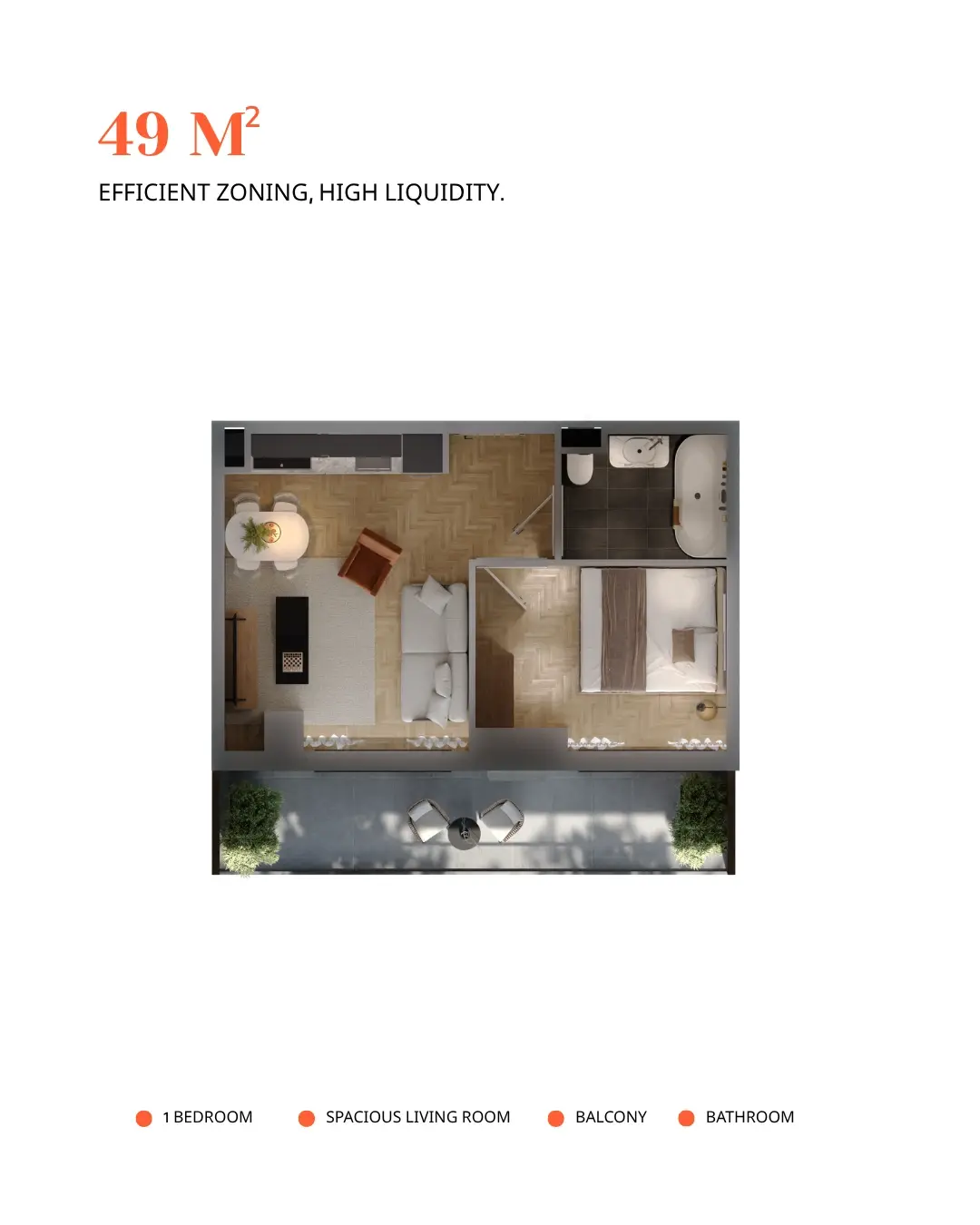 3D floor plan of a 49 m² apartment at Chronometri
