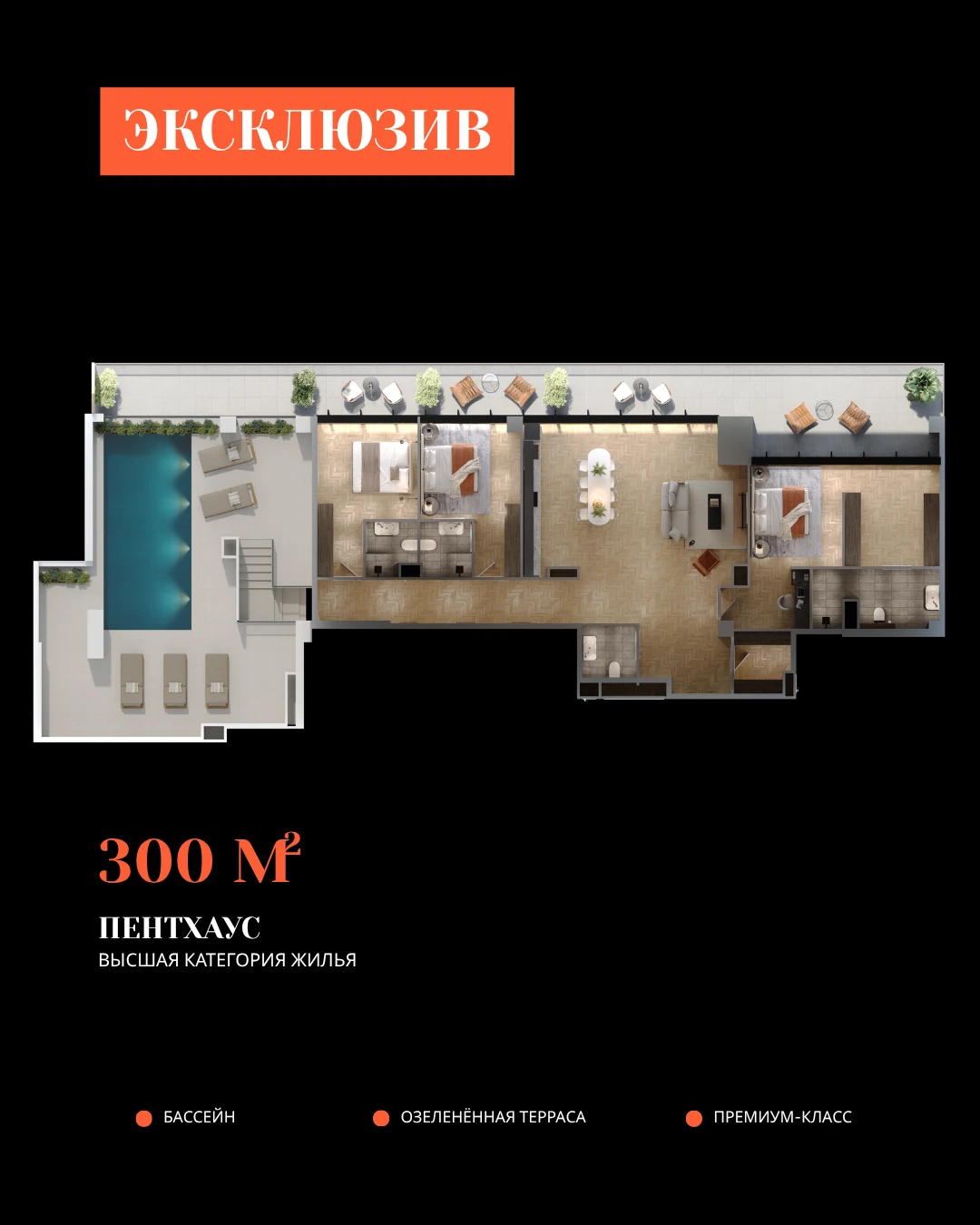 3D-план пентхауса 300 м² в «Хронометри»: эксклюзивная планировка с собственным бассейном, озеленённой террасой и премиум-отделкой — высшая категория жилья