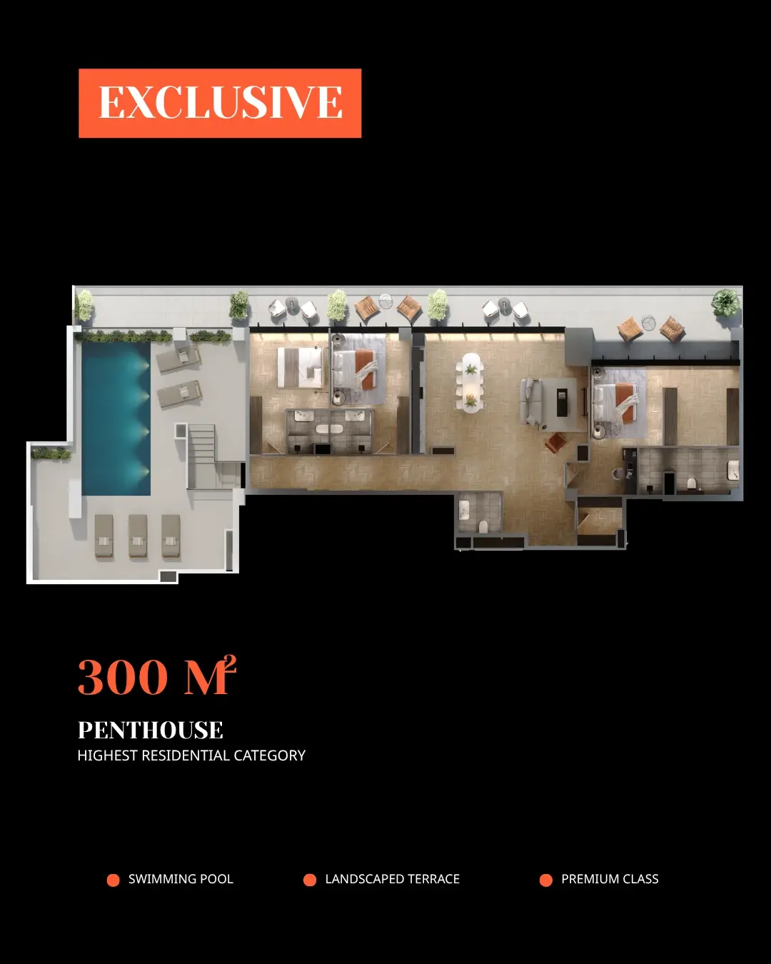 3D floor plan of a 300 m² penthouse at Chronometri